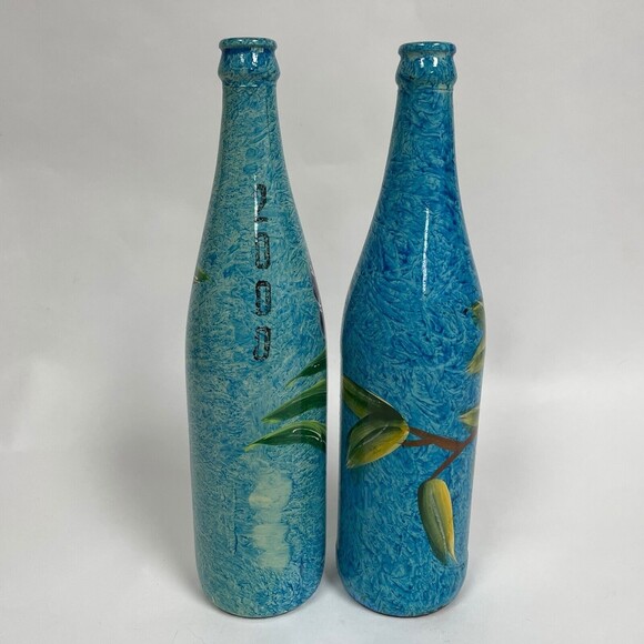 Painted Glass Bottles Floral Fruits Blue 11 1/2" Tall Lot of 2 - Picture 3 of 6
